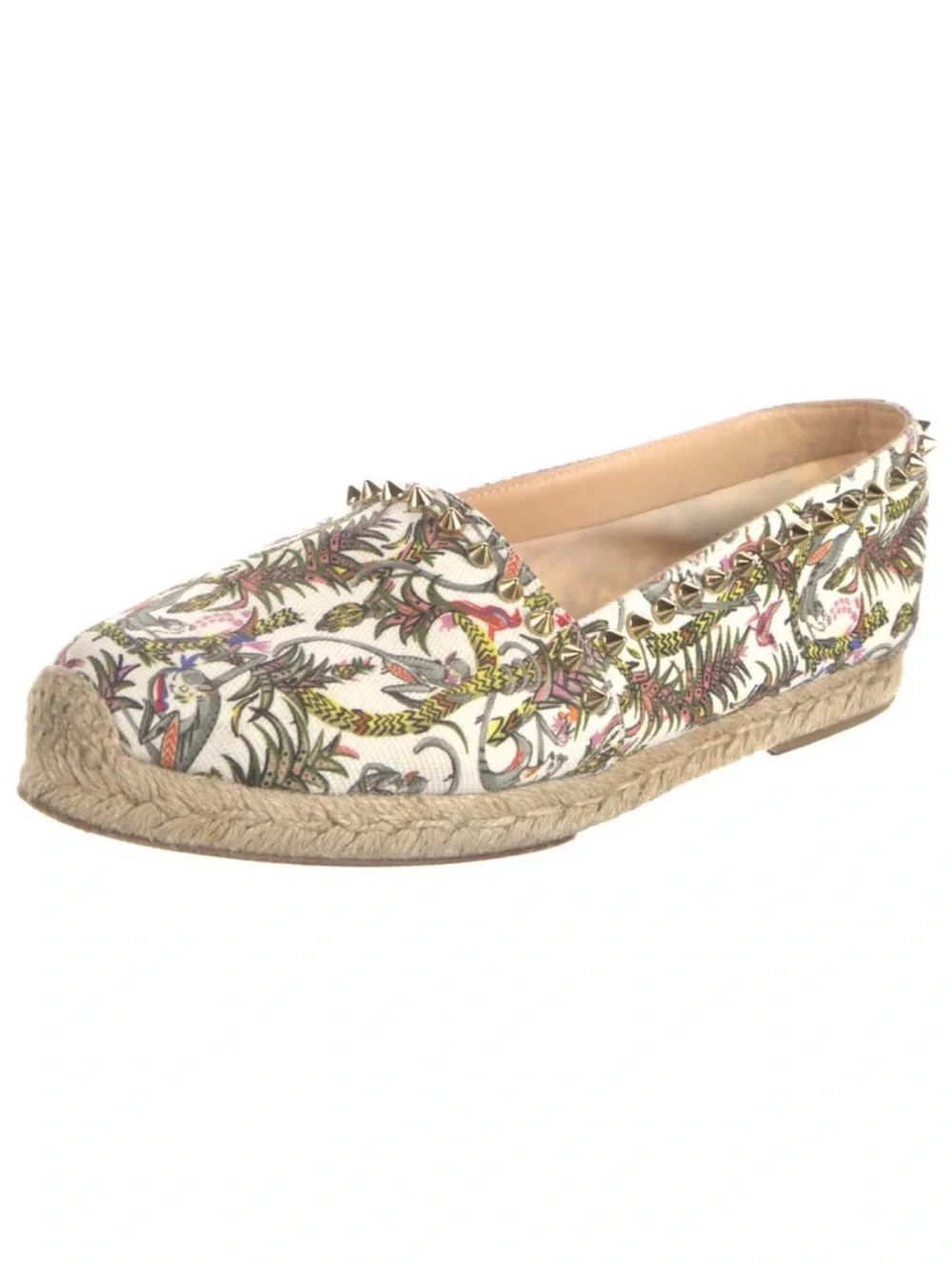 Christian Louboutin Printed Espadrille Flats Stud Trim White Floral Safari